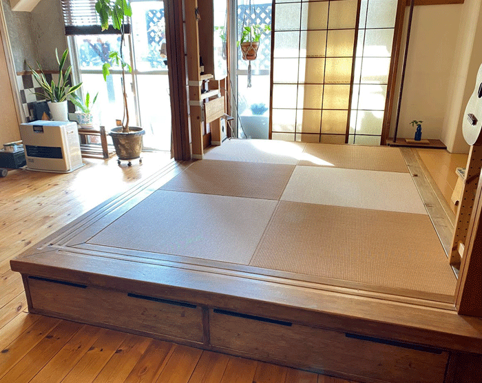 ダイケン和紙畳「清流カクテルフィット No.13（亜麻色×白茶色）」を使用した3畳の小上がり和室の琉球畳施工事例