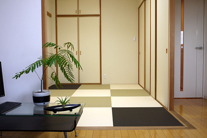 ダイケン和紙畳・琉球畳の新調｜若草色×乳白色×栗色の3色ミックス（大阪市・井上製畳所）