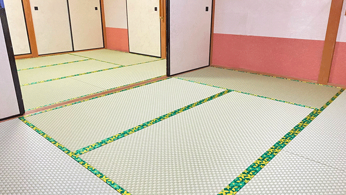 市松模様の和紙畳と可愛らしい「フルル」の畳縁で和室を模様替え